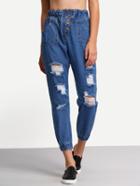Romwe Blue Single Breasted Ripped Denim Pant