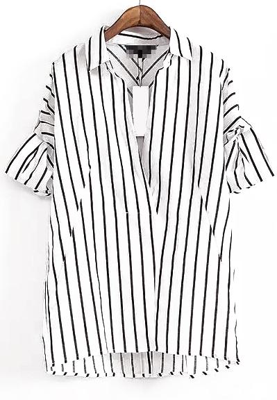 Romwe Lapel Butterfly Sleeve Vertical Striped Blouse