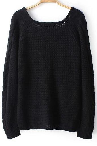 Romwe V Neck Loose Knit Black Sweater