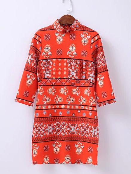 Romwe Red High Neck Printed Zipper Back Vintage Dress