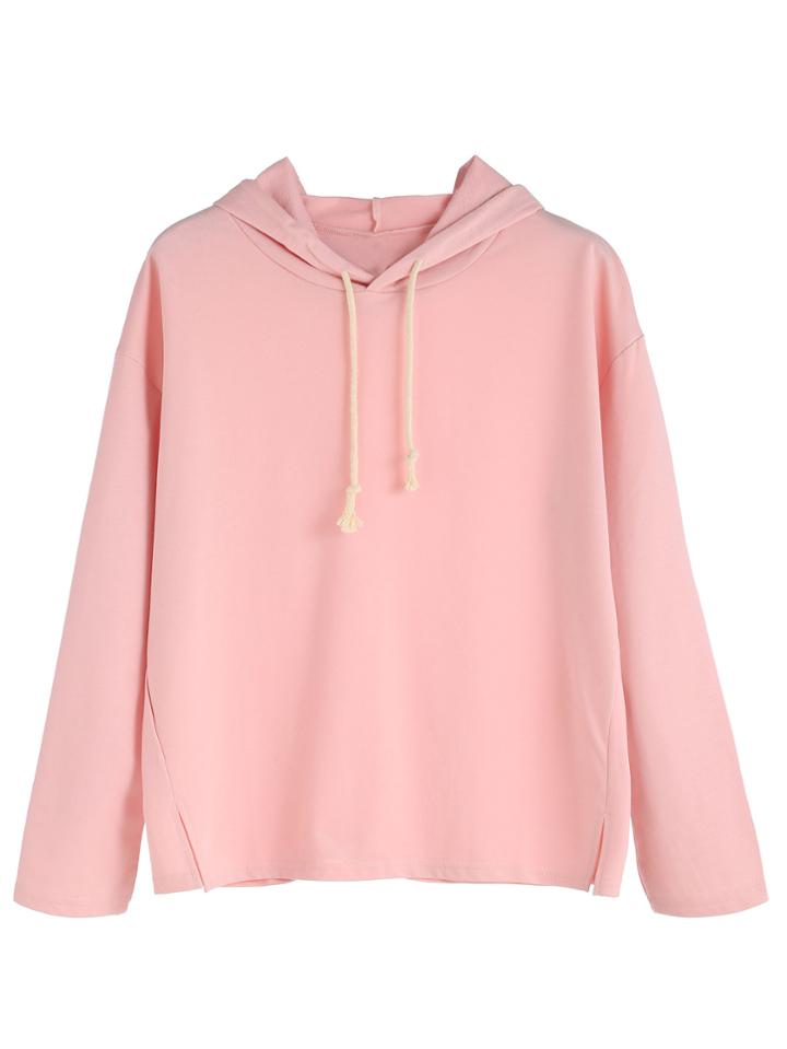 Romwe Pink Side Slit Hooded Sweatshirt