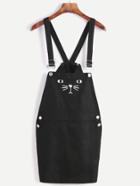Romwe Black Cat Embroidery Overall Dress With Pocket
