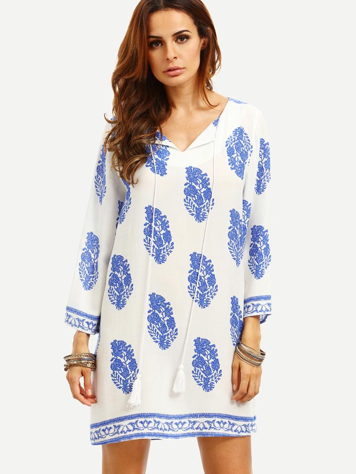 Romwe Blue Print In White Long Sleeve Shift Dress