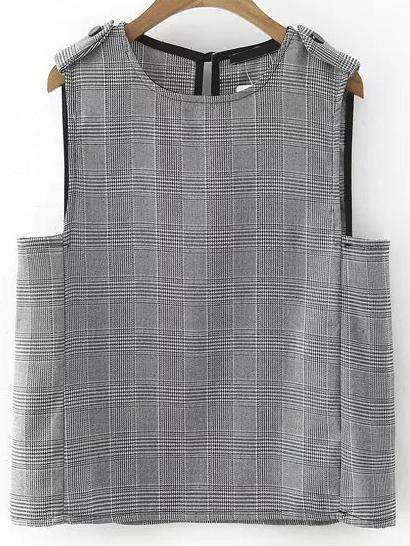 Romwe Houndstooth Keyhole Back Epaulet Tank Top