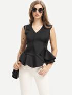 Romwe Black V Neck Ruffle Hem Top