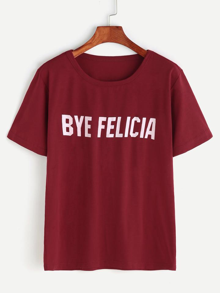 Romwe Burgundy Letter Print Short Sleeve T-shirt
