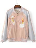 Romwe Pink Bird Embroidery Raglan Sleeve Zipper Jacket