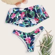 Romwe Floral Flounce Bardot Top With High Cut Bikini