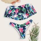 Romwe Floral Flounce Bardot Top With High Cut Bikini