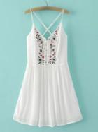 Romwe White Spaghetti Strap Embroidery Criss Cross Dress