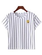 Romwe Navy Vertical Stripe Smiling Face Embroidery T-shirt