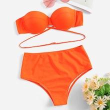 Romwe Plain Bandeau With High Waist Bikini Set