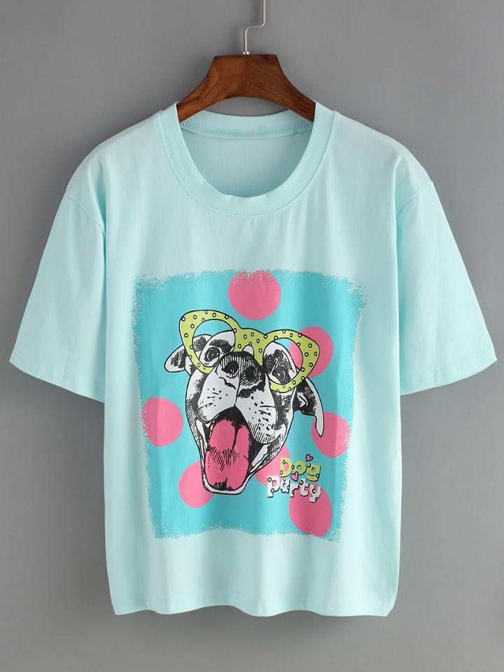 Romwe Dog Print Pale Blue T-shirt