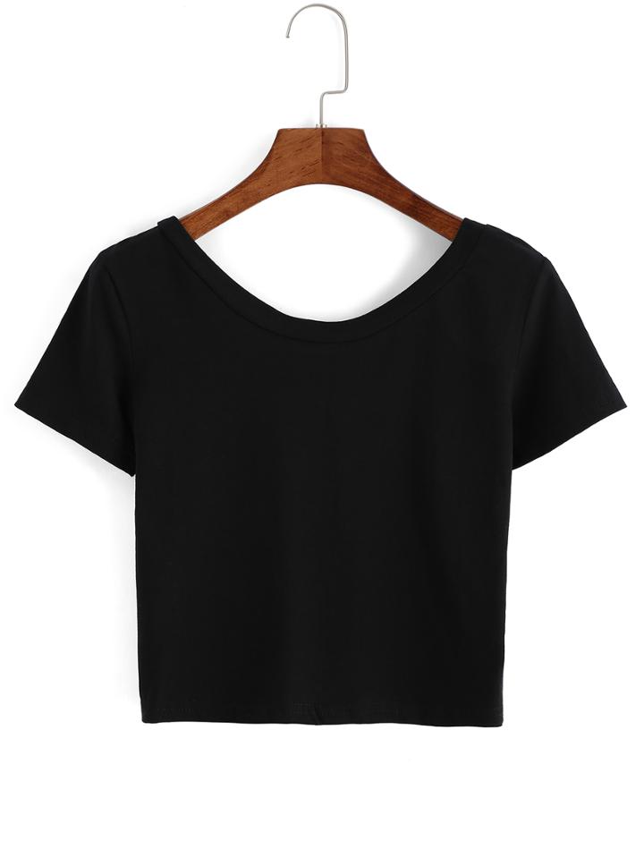 Romwe Scoop Neck Crop Black T-shirt