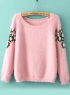 Romwe Embroidered Bead Mohair Pink Sweater