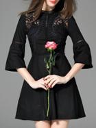 Romwe Black Bell Sleeve Embroidered Hollow A-line Dress