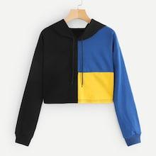 Romwe Cut And Sew Drawstring Hooded Sweatshirt