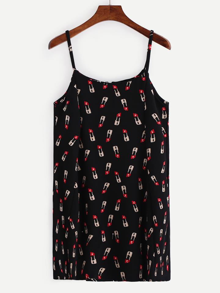 Romwe Zip Back Lipstick Print Cami Dress - Black