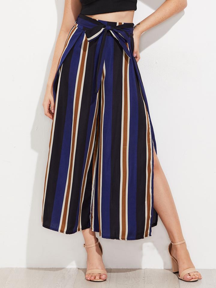 Romwe Vertical Striped Split Side Wide Leg Pants