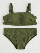 Romwe Army Green Ribbed Cut Out Bikini Set