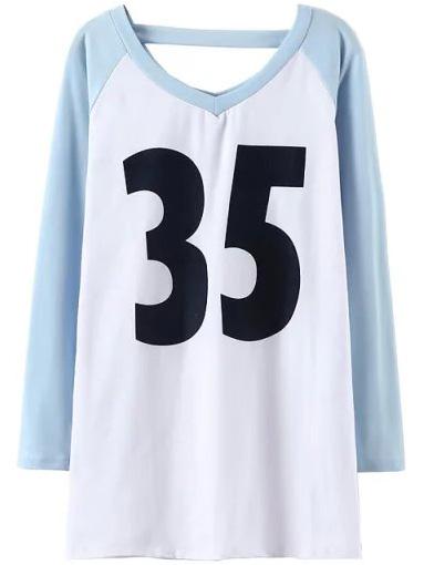 Romwe V Neck Raglan Sleeve Letter Print Blue T-shirt