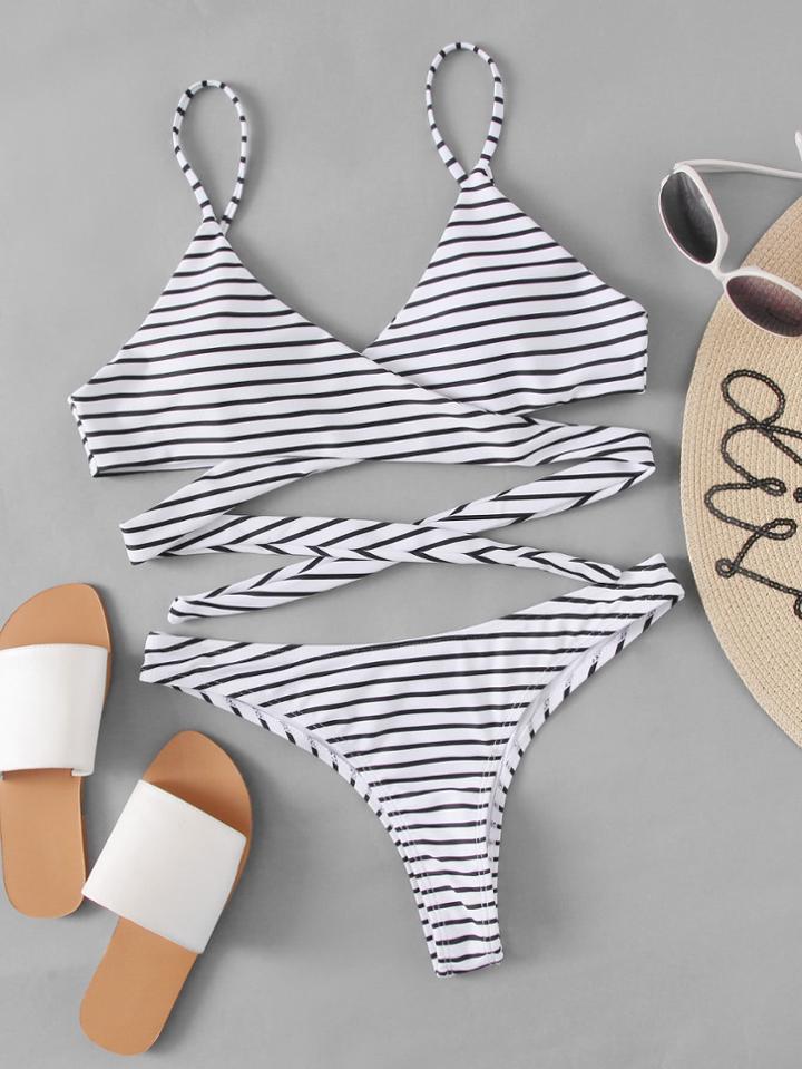 Romwe Striped Print Wrap Bikini Set