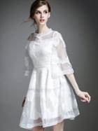 Romwe White Round Neck Half Sleeve Contrast Organza Lace Dress