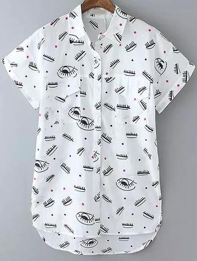 Romwe White Lapel Pockets Eyelash Print Dip Hem Blouse