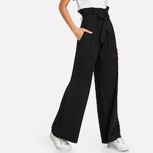Romwe Frill Trim Self Tie Waist Wide Leg Pants