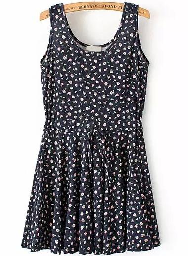 Romwe Black Sleeveless Drawstring Waist Floral Pleated Dress