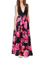 Romwe Deep V Neck Flowers Print Maxi Red Dress