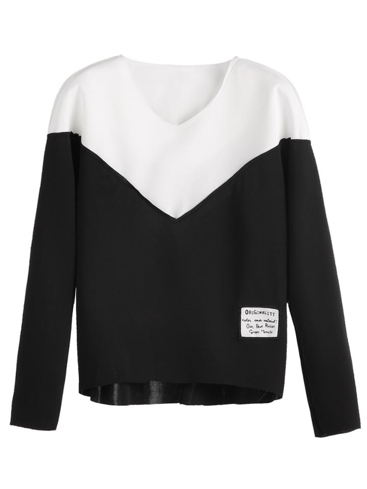 Romwe Color Block V Neck High Low Patch T-shirt