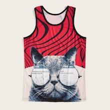 Romwe Guys Cat Print Tank Top