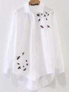 Romwe White Bee Embroidery High Low Blouse