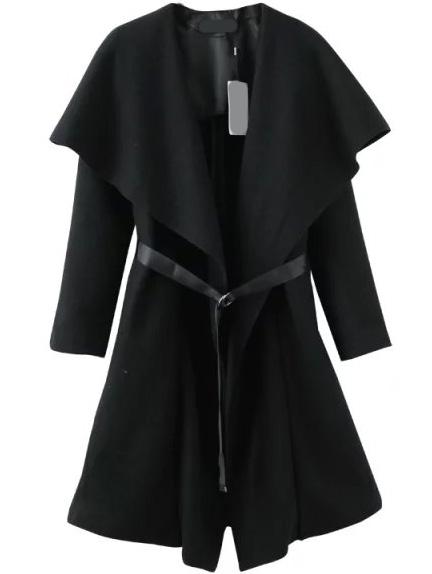 Romwe Lapel Belt Woolen Asymmetrical Coat