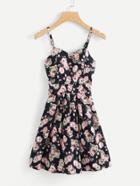 Romwe Floral Print Pleated Cami Dress