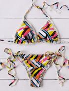 Romwe Multicolor Crochet Trim Triangle Bikini Set