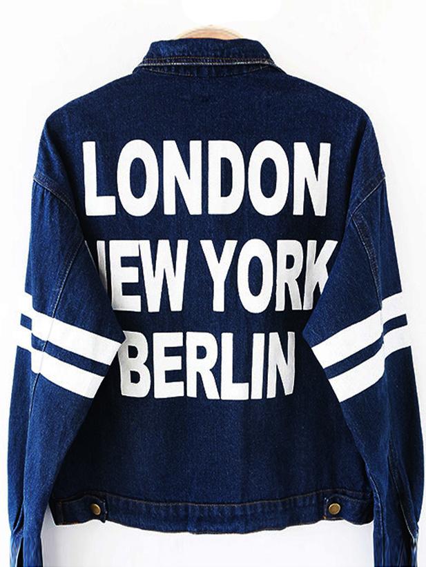 Romwe Lapel Letter Print Pockets Denim Blue Coat