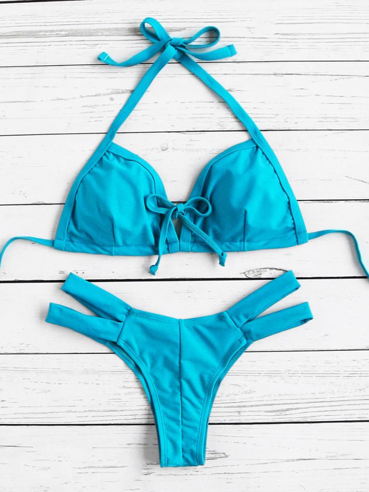Romwe Side Cutout Bow Tie Halter Bikini Set