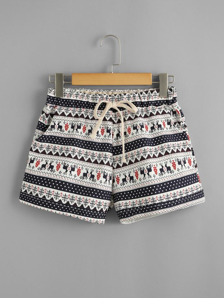 Romwe Drawstring Waist Geo Print Shorts