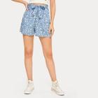 Romwe Random Print High Waist Belted Denim Shorts