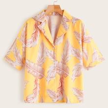 Romwe Tropical Print Notched Hawaiian Blouse