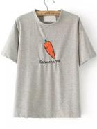 Romwe Carrot Letter Embroidered Grey T-shirt