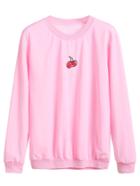 Romwe Pink Cherry Embroidered Sweatshirt