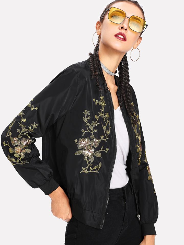 Romwe Rib Trim Embroidery Jacket