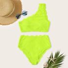 Romwe Neon Lime Scallop Trim One Shoulder Bikini Set