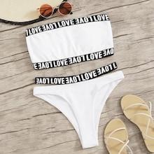 Romwe Letter Tape Trim Bandeau Bikini Set