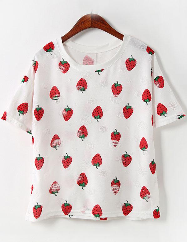 Romwe Strawberry Print Loose T-shirt