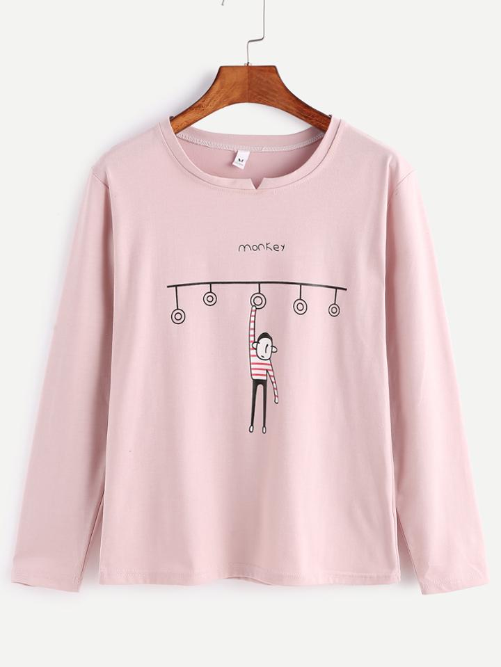 Romwe Pink Cartoon Print V Cut Detail T-shirt
