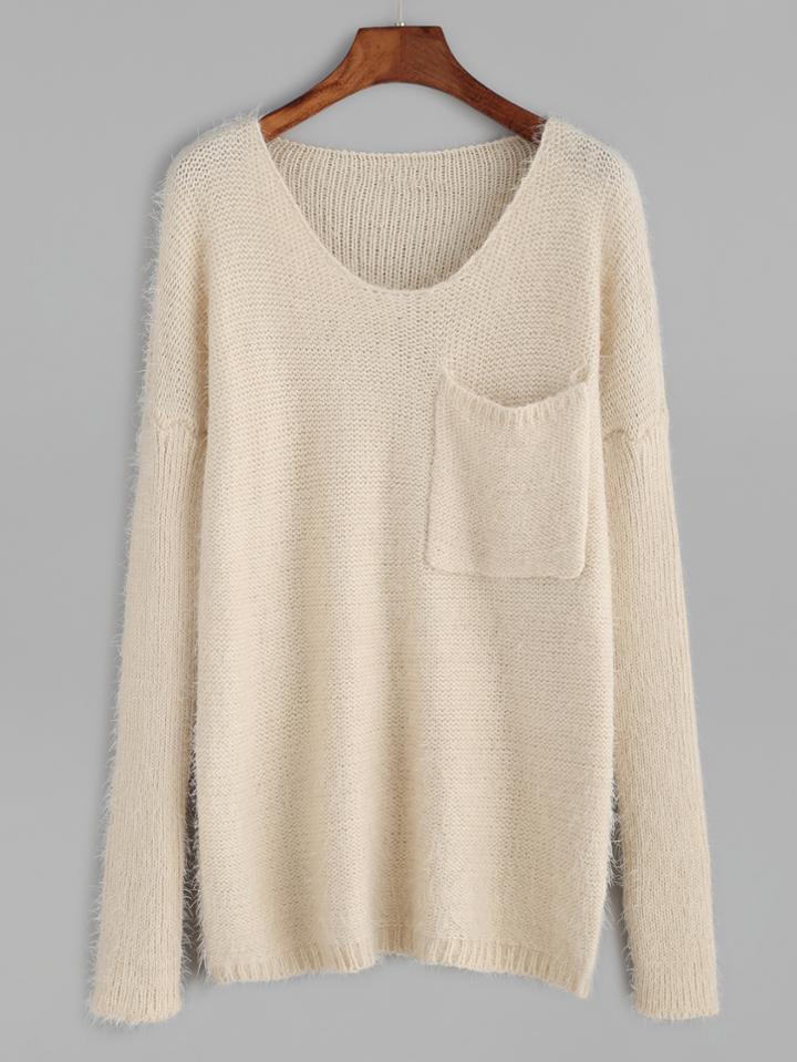 Romwe Apricot Dropped Shoulder Seam Pocket Sweater